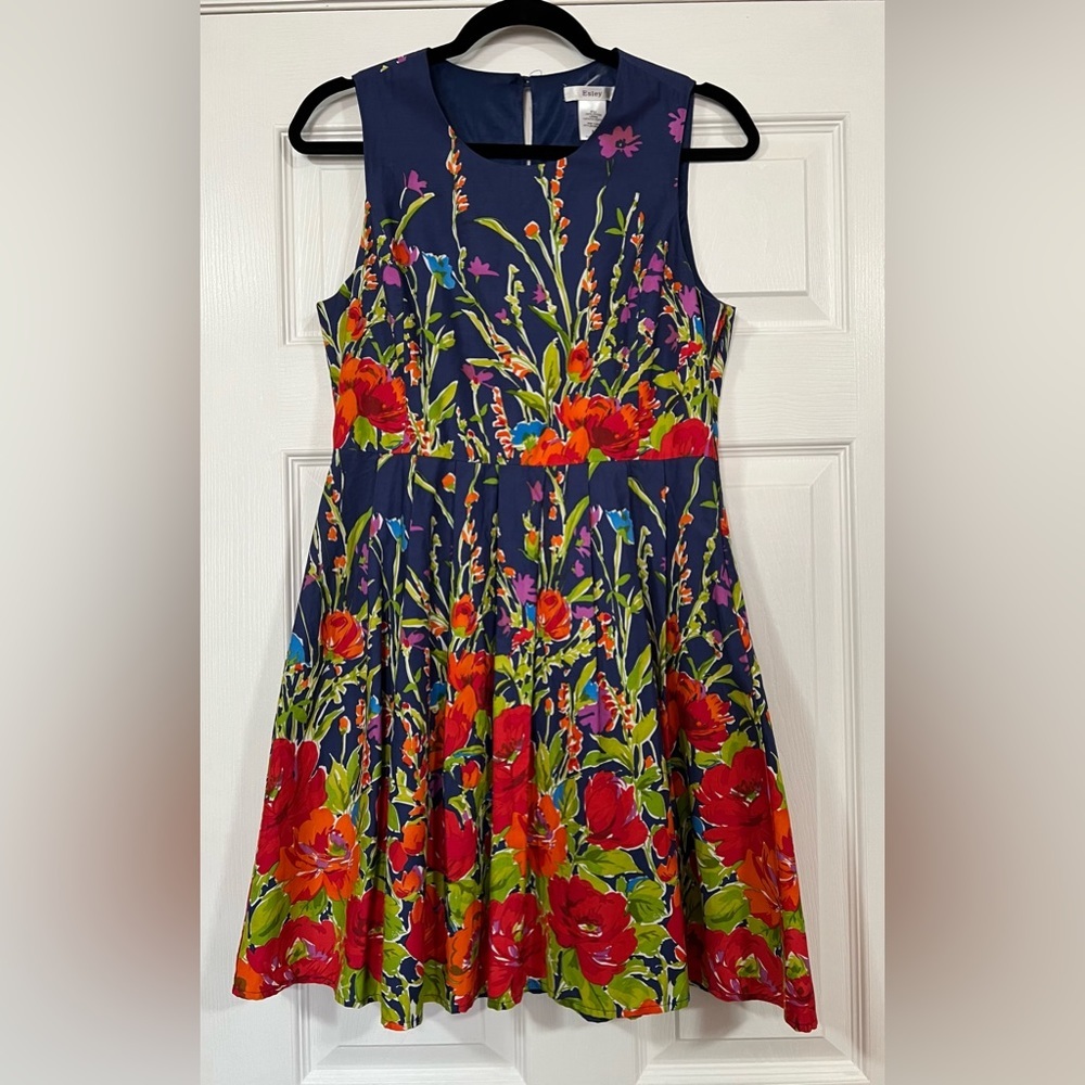 ESLEY Navy Red Green Floral Fit & Flare Sleeveless Cotton Dress